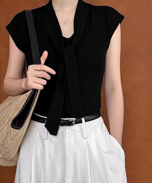 ボウタイサマーニット Vネックトップス フレンチスリーブニット カジュアル ニットプルオーバー ベーシック ニットトップス  おしゃれ フィットニットソー 無地 24TPS-041