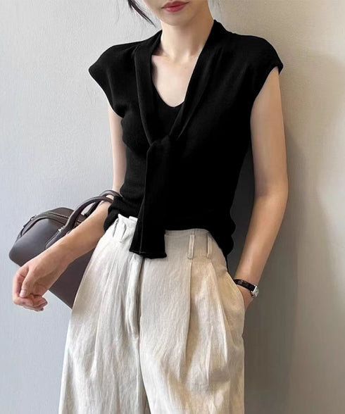 ボウタイサマーニット Vネックトップス フレンチスリーブニット カジュアル ニットプルオーバー ベーシック ニットトップス  おしゃれ フィットニットソー 無地 24TPS-041