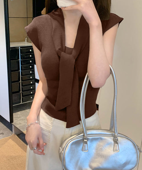 ボウタイサマーニット Vネックトップス フレンチスリーブニット カジュアル ニットプルオーバー ベーシック ニットトップス  おしゃれ フィットニットソー 無地 24TPS-041