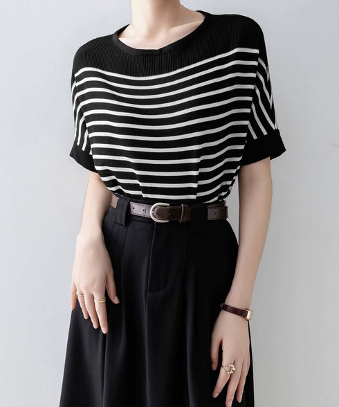 ボーダー柄サマーニット ドルマンスリーブ ニットTシャツ レディース きれいめトップス ゆったり 薄手ニットソー 通勤OL プルオーバー 着やせ 大人ニットソー 24TPS-042