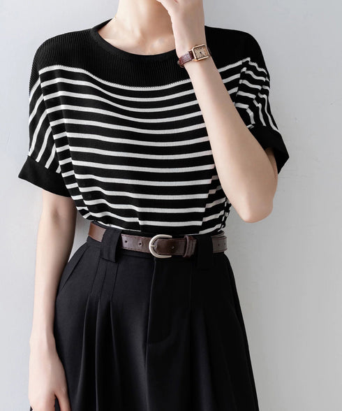 ボーダー柄サマーニット ドルマンスリーブ ニットTシャツ レディース きれいめトップス ゆったり 薄手ニットソー 通勤OL プルオーバー 着やせ 大人ニットソー 24TPS-042