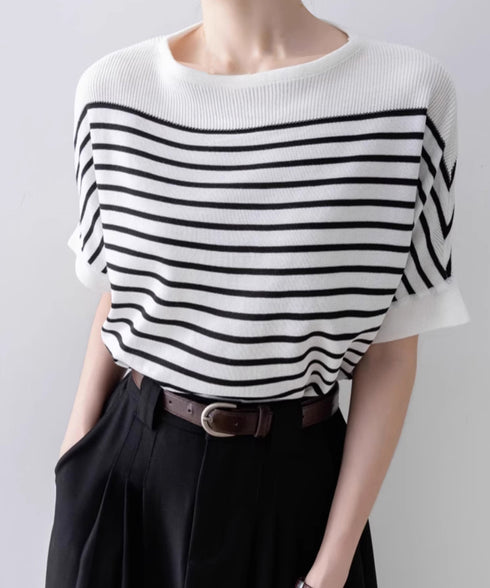 ボーダー柄サマーニット ドルマンスリーブ ニットTシャツ レディース きれいめトップス ゆったり 薄手ニットソー 通勤OL プルオーバー 着やせ 大人ニットソー 24TPS-042