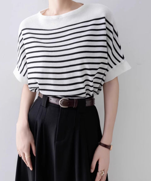 ボーダー柄サマーニット ドルマンスリーブ ニットTシャツ レディース きれいめトップス ゆったり 薄手ニットソー 通勤OL プルオーバー 着やせ 大人ニットソー 24TPS-042