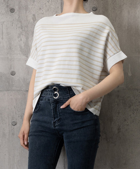 ボーダー柄サマーニット ドルマンスリーブ ニットTシャツ レディース きれいめトップス ゆったり 薄手ニットソー 通勤OL プルオーバー 着やせ 大人ニットソー 24TPS-042