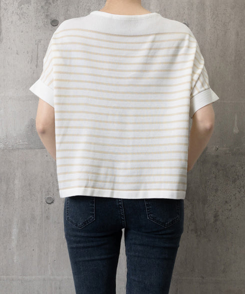 ボーダー柄サマーニット ドルマンスリーブ ニットTシャツ レディース きれいめトップス ゆったり 薄手ニットソー 通勤OL プルオーバー 着やせ 大人ニットソー 24TPS-042