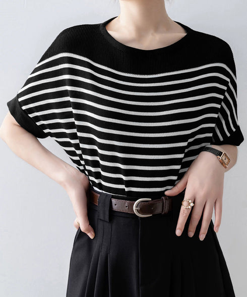 ボーダー柄サマーニット ドルマンスリーブ ニットTシャツ レディース きれいめトップス ゆったり 薄手ニットソー 通勤OL プルオーバー 着やせ 大人ニットソー 24TPS-042