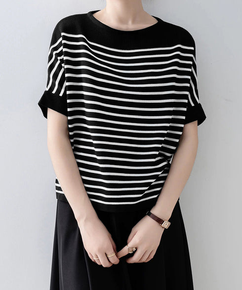 ボーダー柄サマーニット ドルマンスリーブ ニットTシャツ レディース きれいめトップス ゆったり 薄手ニットソー 通勤OL プルオーバー 着やせ 大人ニットソー 24TPS-042