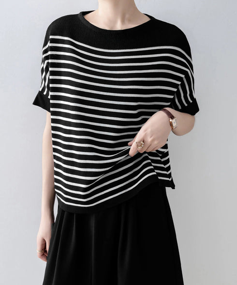 ボーダー柄サマーニット ドルマンスリーブ ニットTシャツ レディース きれいめトップス ゆったり 薄手ニットソー 通勤OL プルオーバー 着やせ 大人ニットソー 24TPS-042