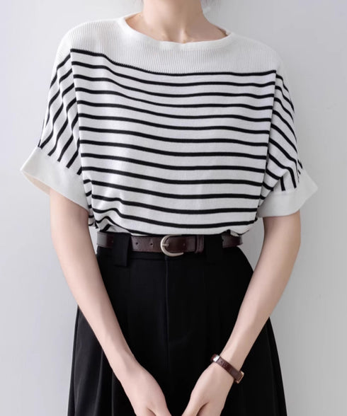 ボーダー柄サマーニット ドルマンスリーブ ニットTシャツ レディース きれいめトップス ゆったり 薄手ニットソー 通勤OL プルオーバー 着やせ 大人ニットソー 24TPS-042