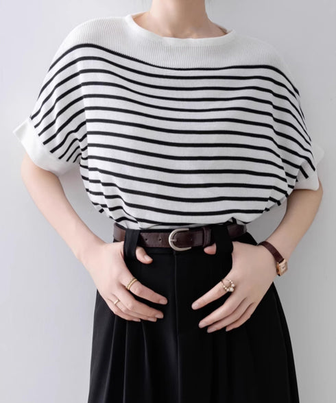 ボーダー柄サマーニット ドルマンスリーブ ニットTシャツ レディース きれいめトップス ゆったり 薄手ニットソー 通勤OL プルオーバー 着やせ 大人ニットソー 24TPS-042