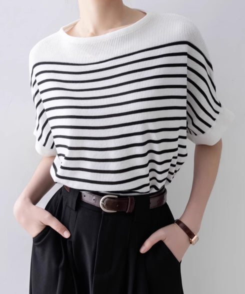 ボーダー柄サマーニット ドルマンスリーブ ニットTシャツ レディース きれいめトップス ゆったり 薄手ニットソー 通勤OL プルオーバー 着やせ 大人ニットソー 24TPS-042