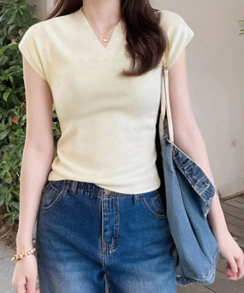 サマーニット フレンチスリーブ トップス レディース Vネック おしゃれ夏服 カジュアル スリムフィットニットソー 無地 細身ニットTシャツ 薄手タイト夏トップス 24TPS-043