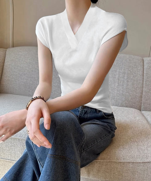 サマーニット フレンチスリーブ トップス レディース Vネック おしゃれ夏服 カジュアル スリムフィットニットソー 無地 細身ニットTシャツ 薄手タイト夏トップス 24TPS-043