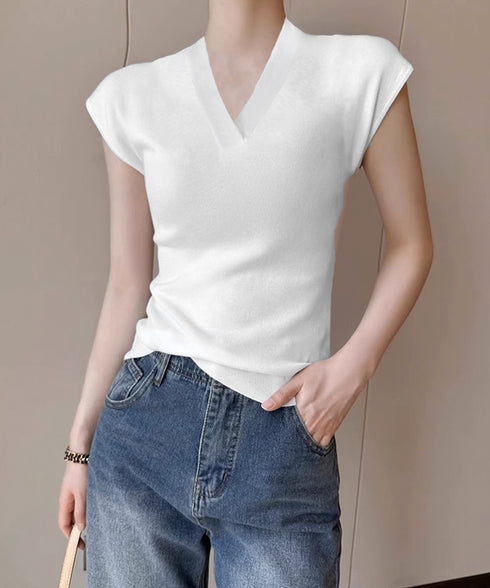 サマーニット フレンチスリーブ トップス レディース Vネック おしゃれ夏服 カジュアル スリムフィットニットソー 無地 細身ニットTシャツ 薄手タイト夏トップス 24TPS-043