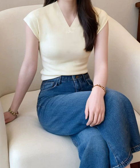 サマーニット フレンチスリーブ トップス レディース Vネック おしゃれ夏服 カジュアル スリムフィットニットソー 無地 細身ニットTシャツ 薄手タイト夏トップス 24TPS-043