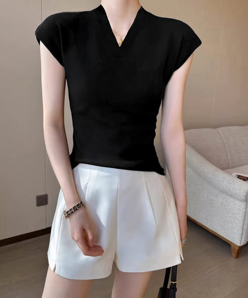 サマーニット フレンチスリーブ トップス レディース Vネック おしゃれ夏服 カジュアル スリムフィットニットソー 無地 細身ニットTシャツ 薄手タイト夏トップス 24TPS-043