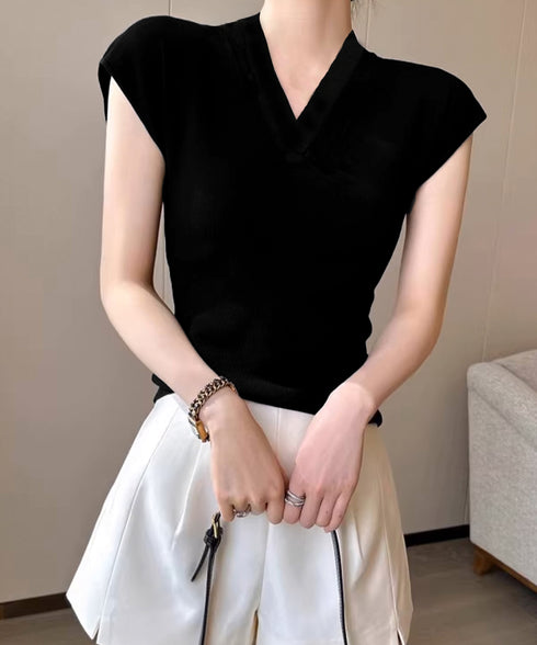 サマーニット フレンチスリーブ トップス レディース Vネック おしゃれ夏服 カジュアル スリムフィットニットソー 無地 細身ニットTシャツ 薄手タイト夏トップス 24TPS-043