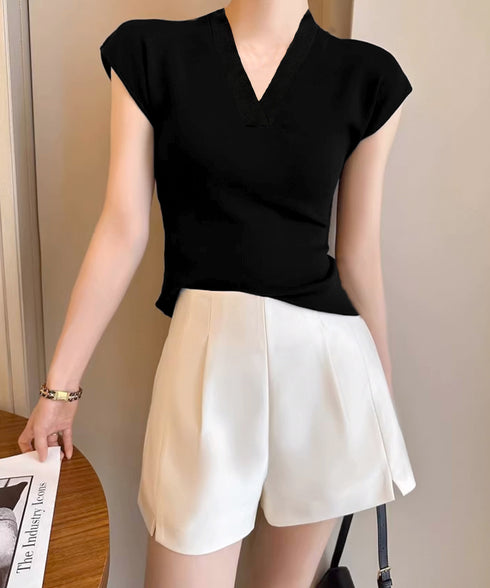 サマーニット フレンチスリーブ トップス レディース Vネック おしゃれ夏服 カジュアル スリムフィットニットソー 無地 細身ニットTシャツ 薄手タイト夏トップス 24TPS-043