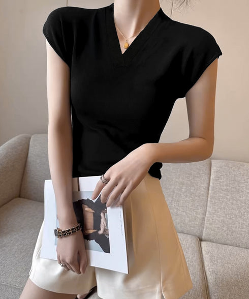 サマーニット フレンチスリーブ トップス レディース Vネック おしゃれ夏服 カジュアル スリムフィットニットソー 無地 細身ニットTシャツ 薄手タイト夏トップス 24TPS-043