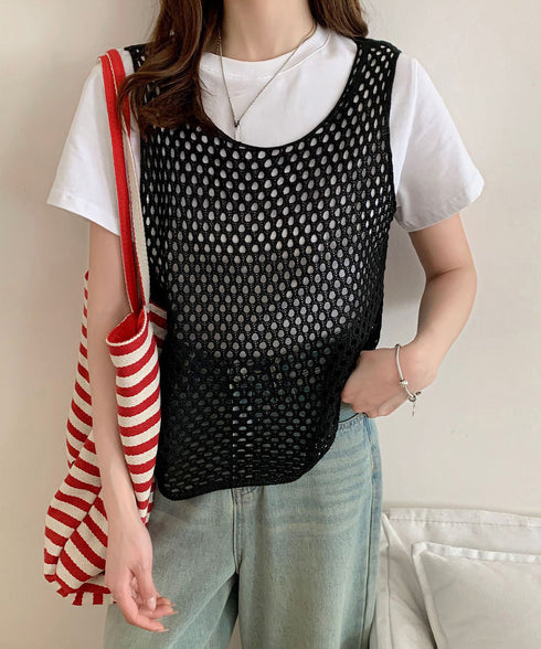 透かし編みニットベスト 重ね着ニットジレ レディース メッシュ編み サマーニット ノースリーブ 薄手タンクニット 涼しげ レイヤードベスト カジュアル チョッキ春 24TPS-044