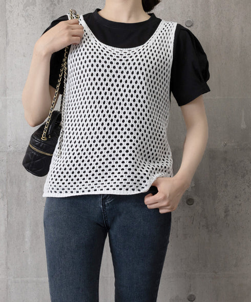 透かし編みニットベスト 重ね着ニットジレ レディース メッシュ編み サマーニット ノースリーブ 薄手タンクニット 涼しげ レイヤードベスト カジュアル チョッキ春 24TPS-044