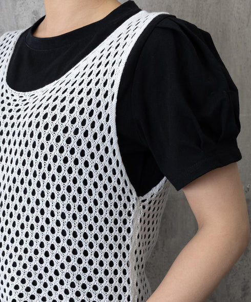 透かし編みニットベスト 重ね着ニットジレ レディース メッシュ編み サマーニット ノースリーブ 薄手タンクニット 涼しげ レイヤードベスト カジュアル チョッキ春 24TPS-044