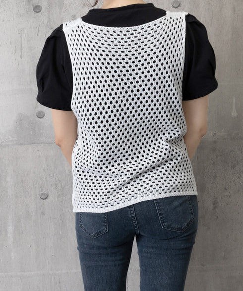 透かし編みニットベスト 重ね着ニットジレ レディース メッシュ編み サマーニット ノースリーブ 薄手タンクニット 涼しげ レイヤードベスト カジュアル チョッキ春 24TPS-044