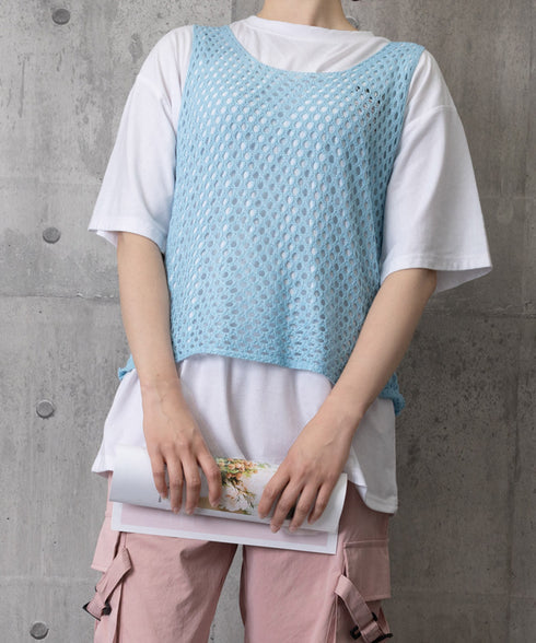 透かし編みニットベスト 重ね着ニットジレ レディース メッシュ編み サマーニット ノースリーブ 薄手タンクニット 涼しげ レイヤードベスト カジュアル チョッキ春 24TPS-044