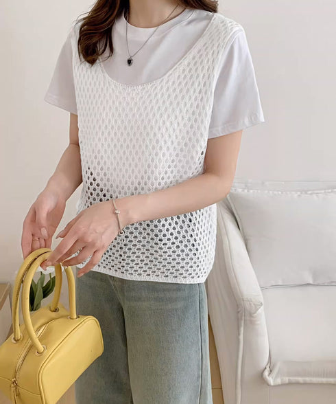 透かし編みニットベスト 重ね着ニットジレ レディース メッシュ編み サマーニット ノースリーブ 薄手タンクニット 涼しげ レイヤードベスト カジュアル チョッキ春 24TPS-044