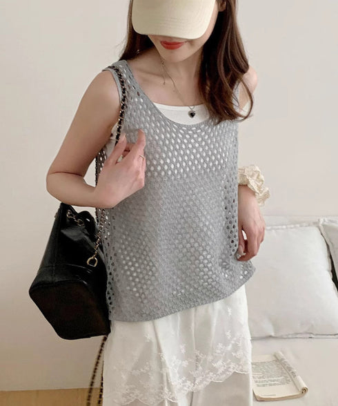 透かし編みニットベスト 重ね着ニットジレ レディース メッシュ編み サマーニット ノースリーブ 薄手タンクニット 涼しげ レイヤードベスト カジュアル チョッキ春 24TPS-044