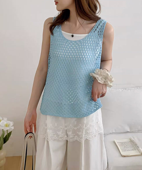 透かし編みニットベスト 重ね着ニットジレ レディース メッシュ編み サマーニット ノースリーブ 薄手タンクニット 涼しげ レイヤードベスト カジュアル チョッキ春 24TPS-044
