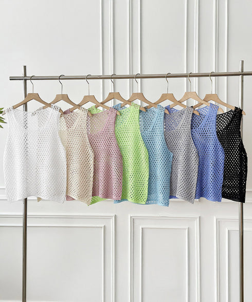 透かし編みニットベスト 重ね着ニットジレ レディース メッシュ編み サマーニット ノースリーブ 薄手タンクニット 涼しげ レイヤードベスト カジュアル チョッキ春 24TPS-044