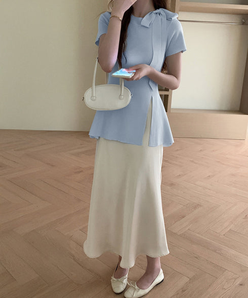 リボン付きニットトップス サイドスリット サマーニット レディース オフィスカジュアル ニットカットソー きれいめ 半袖薄手ニット おしゃれ ニットTシャツ着回し 24TPS-047