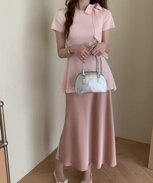 リボン付きニットトップス サイドスリット サマーニット レディース オフィスカジュアル ニットカットソー きれいめ 半袖薄手ニット おしゃれ ニットTシャツ着回し 24TPS-047