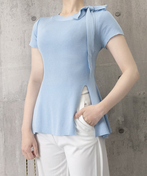 リボン付きニットトップス サイドスリット サマーニット レディース オフィスカジュアル ニットカットソー きれいめ 半袖薄手ニット おしゃれ ニットTシャツ着回し 24TPS-047