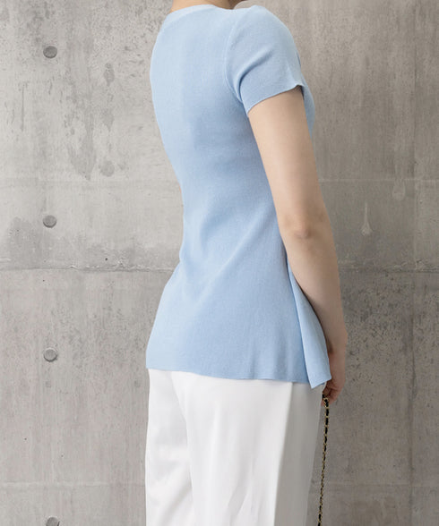 リボン付きニットトップス サイドスリット サマーニット レディース オフィスカジュアル ニットカットソー きれいめ 半袖薄手ニット おしゃれ ニットTシャツ着回し 24TPS-047