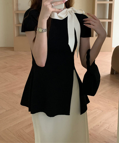 リボン付きニットトップス サイドスリット サマーニット レディース オフィスカジュアル ニットカットソー きれいめ 半袖薄手ニット おしゃれ ニットTシャツ着回し 24TPS-047