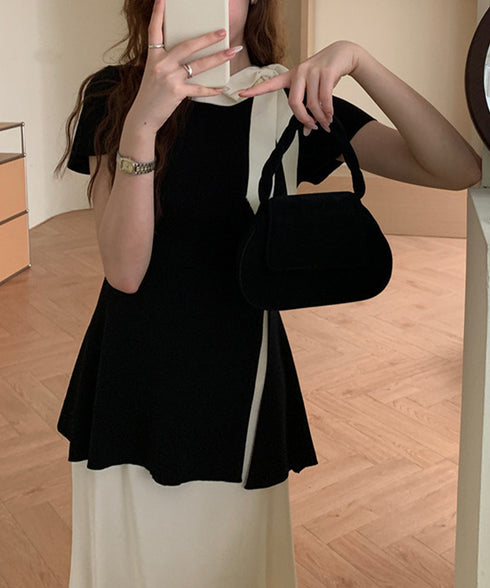 リボン付きニットトップス サイドスリット サマーニット レディース オフィスカジュアル ニットカットソー きれいめ 半袖薄手ニット おしゃれ ニットTシャツ着回し 24TPS-047