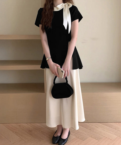 リボン付きニットトップス サイドスリット サマーニット レディース オフィスカジュアル ニットカットソー きれいめ 半袖薄手ニット おしゃれ ニットTシャツ着回し 24TPS-047