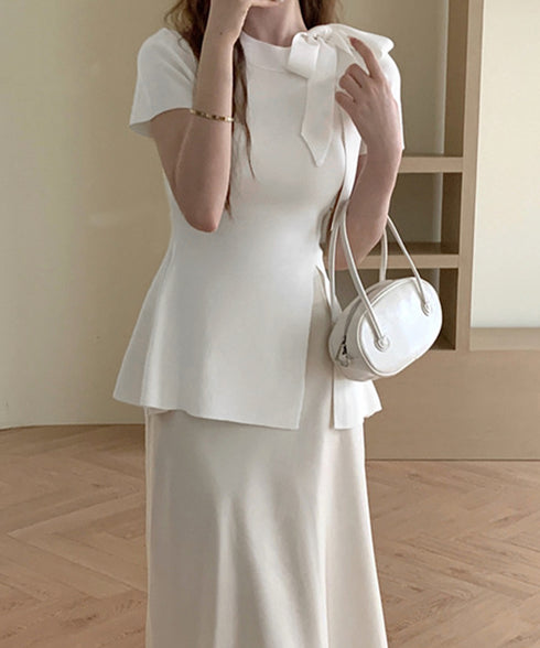 リボン付きニットトップス サイドスリット サマーニット レディース オフィスカジュアル ニットカットソー きれいめ 半袖薄手ニット おしゃれ ニットTシャツ着回し 24TPS-047