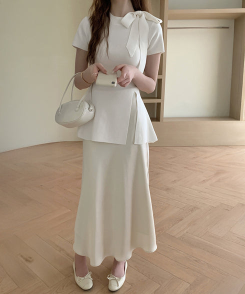 リボン付きニットトップス サイドスリット サマーニット レディース オフィスカジュアル ニットカットソー きれいめ 半袖薄手ニット おしゃれ ニットTシャツ着回し 24TPS-047