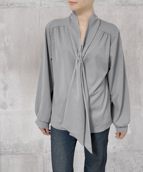 ボウタイブラウス オフィスカジュアル秋服 レディース 肩タック シャツブラウス Vネック とろみブラウス きれいめ 通勤長袖トップス 30代40代 韓国風トップス 24TPS-050