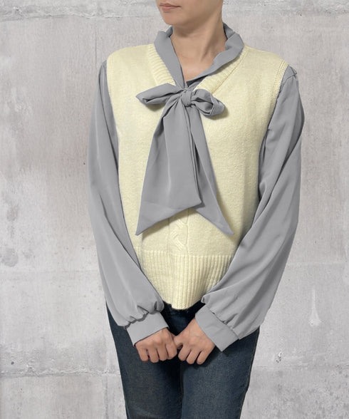 ボウタイブラウス オフィスカジュアル秋服 レディース 肩タック シャツブラウス Vネック とろみブラウス きれいめ 通勤長袖トップス 30代40代 韓国風トップス 24TPS-050