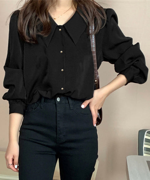 シャツブラウス ゴールドボタン ブラウス レディース 着やせ ゆったりブラウス オフィスカジュアル Vネックシャツ 体型カバー無地トップス 襟付き シャツ 春秋夏 24TPS-051