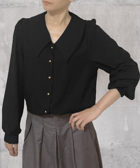 シャツブラウス ゴールドボタン ブラウス レディース 着やせ ゆったりブラウス オフィスカジュアル Vネックシャツ 体型カバー無地トップス 襟付き シャツ 春秋夏 24TPS-051