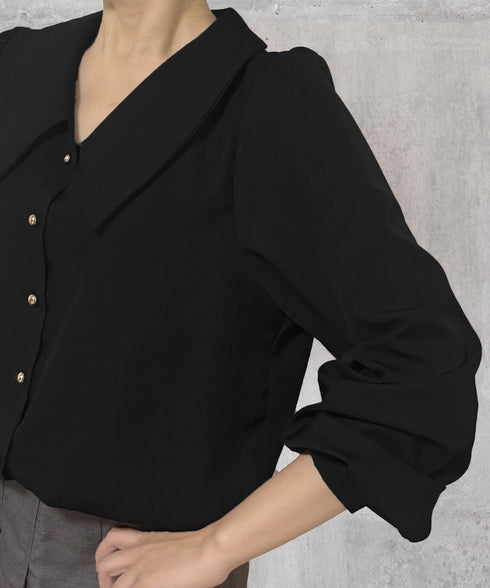 シャツブラウス ゴールドボタン ブラウス レディース 着やせ ゆったりブラウス オフィスカジュアル Vネックシャツ 体型カバー無地トップス 襟付き シャツ 春秋夏 24TPS-051