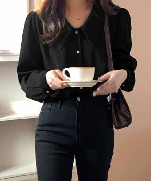 シャツブラウス ゴールドボタン ブラウス レディース 着やせ ゆったりブラウス オフィスカジュアル Vネックシャツ 体型カバー無地トップス 襟付き シャツ 春秋夏 24TPS-051