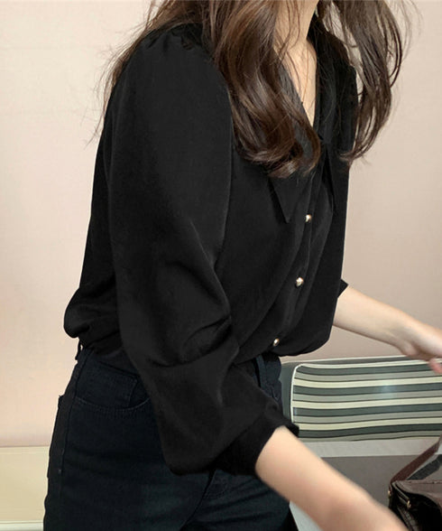 シャツブラウス ゴールドボタン ブラウス レディース 着やせ ゆったりブラウス オフィスカジュアル Vネックシャツ 体型カバー無地トップス 襟付き シャツ 春秋夏 24TPS-051