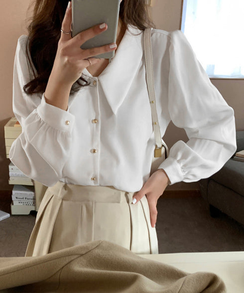 シャツブラウス ゴールドボタン ブラウス レディース 着やせ ゆったりブラウス オフィスカジュアル Vネックシャツ 体型カバー無地トップス 襟付き シャツ 春秋夏 24TPS-051