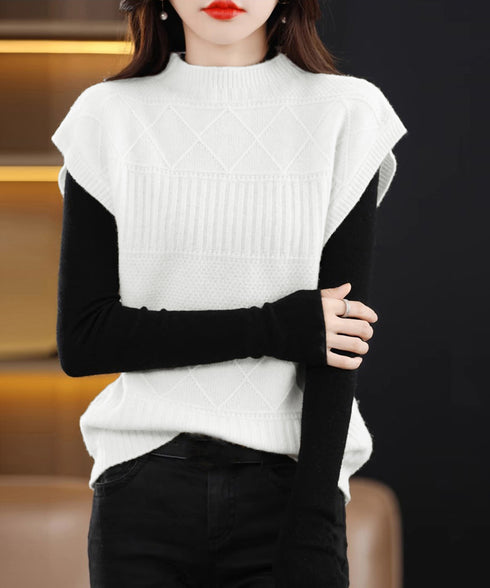 ニットベスト プチハイネック ニットジレ レディース 幾何学模様 ニットチョッキ 大人可愛い レイヤードベスト ノースリーブニットトップス 通学無地ベストセーター 24TPS-053